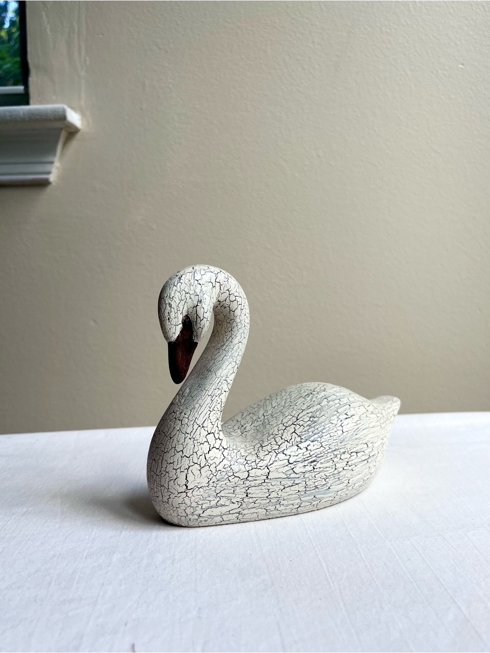 Cottagecore Ceramic White Cracked Finish Swan Sculpture - Home Art